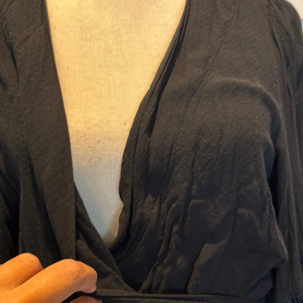 Free People Black Puff Sleeve Wrap Blouse